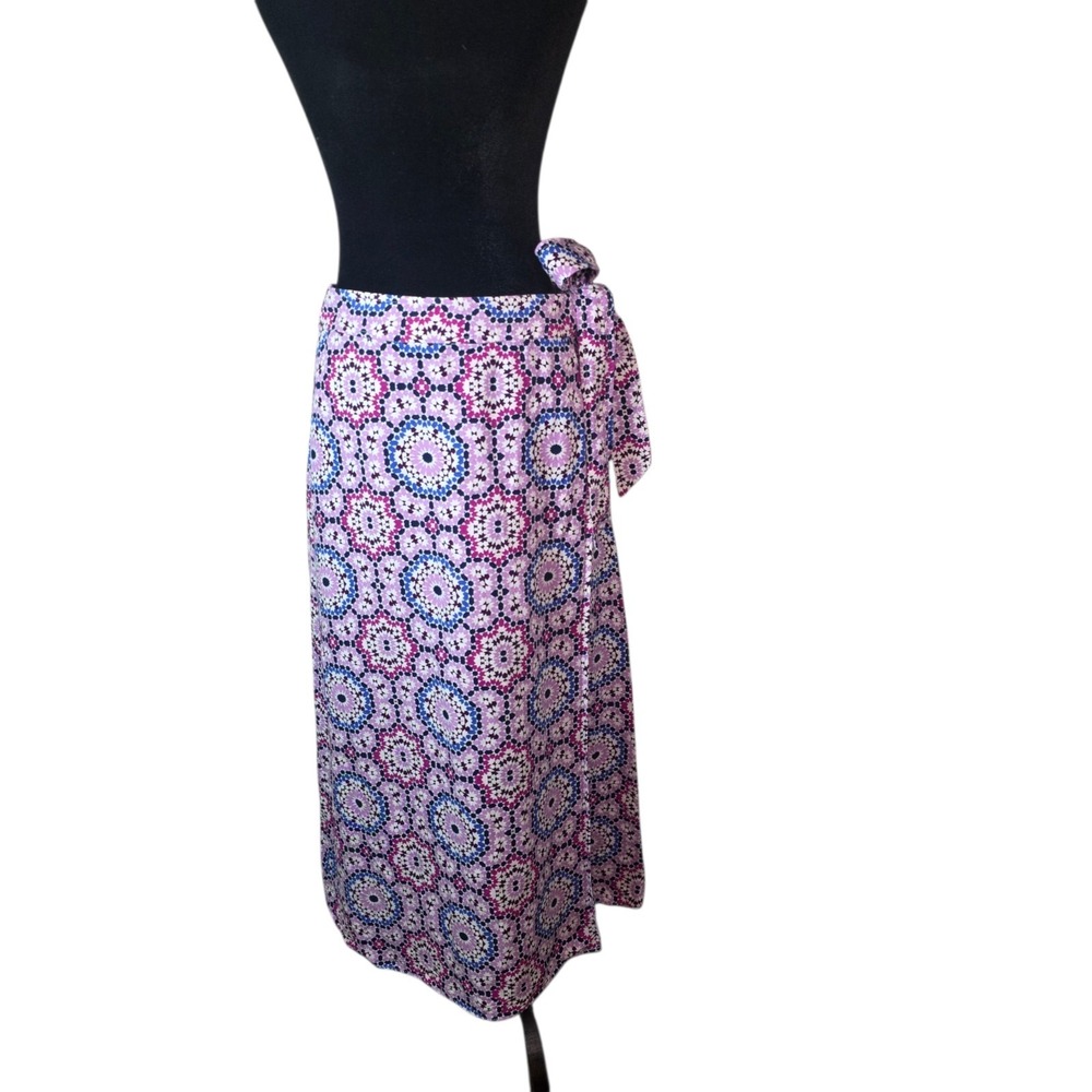 LOFT Linen Blend Wrap Midi Skirt Women 8 Boho Geometric Tie Waist Pink Blue - Picture 6 of 11